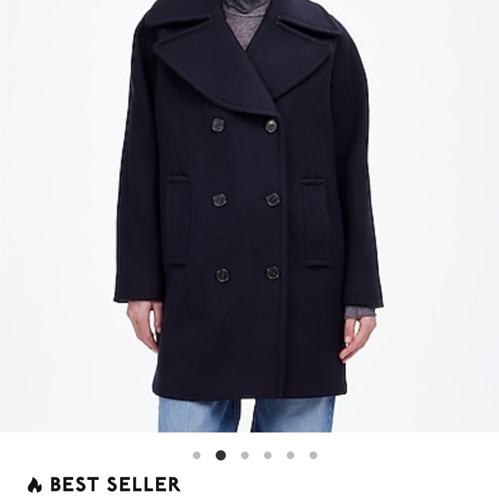 New navy blue oversized peacoat. I would say it would fit a 16-18.